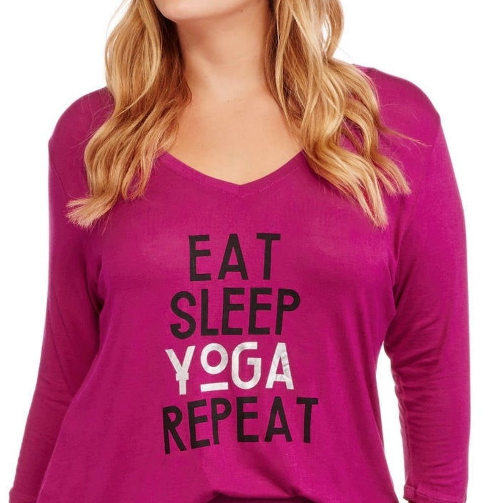 Eat Sleep Yoga Repeat magenta fushcia tee 3X plus
